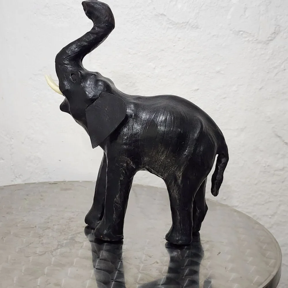 Vtg Black Leather Wrapped Elephant Statue Figurine Trunk Up MCM Safari Decor 11